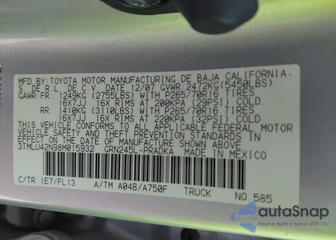 2008 Toyota Tacoma Base V6 from USA, damaged, VIN 3TMLU42N98M015932